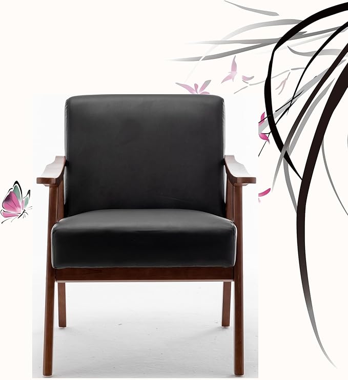 Mid Century Modern Accent Chairs with Arms Portable Rustic Solid Wood Home Chair Comfortable Chairs for Living Room Extra Seating Modern Accent Chair for Bedroom OfficeBlack-PULeather