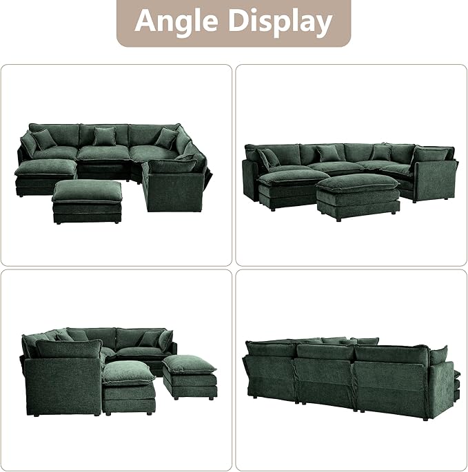 113.4 Deep Seat Sectional Cloud Sofa with 2 Ottomans Oversized U Shaped Modular Couch Large 6 Seater Corner Couches for Living Room Green Chenille