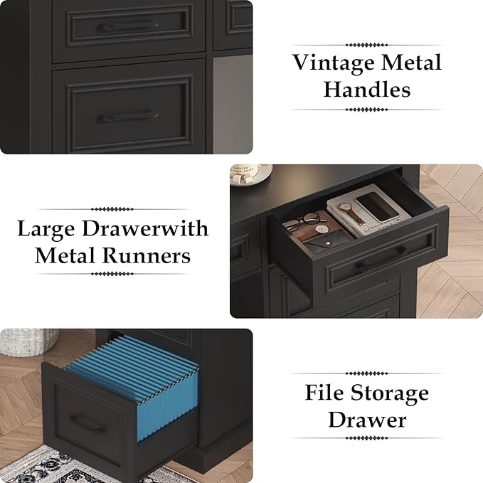 Vabches Farmhouse 59'' Executive Desk with File DrawersLarge Wood Home Office Workstation with Ample StorageRustic Writing Desk for Study.Black