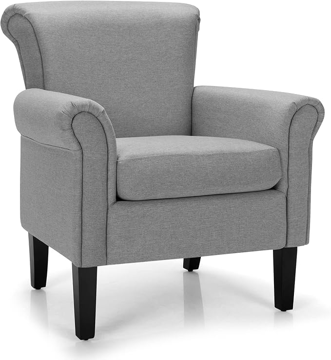 Giantex Modern Fabric Accent Chair Comfy Living Room Chair w/Adjustable Foot Pads Overstuffed Backrest Single Sofa Leisure Chair w/Soft Cushion Bedroom Chair for Reading Nursery Light Gray