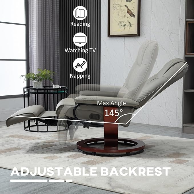 Faux Leather Manual Recliner Chair with Swivel Wood Base &amp Padded Armrests - Living Room Bedroom