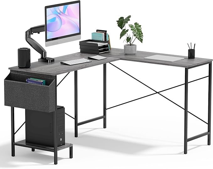 InfiniPower L Shaped Desk Gaming Computer 50 Inch Reversible Corner Table PC Work Table for Writing Study Student with Wood Tabletop Metal Frame CPU Stand Side Bag for Home Office Small Place