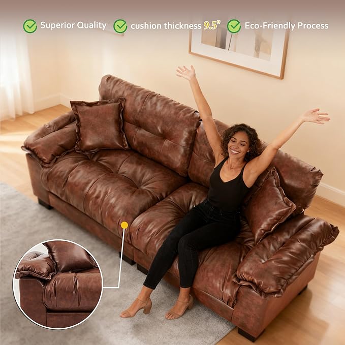 Faux Leather Sofa Mid Century Modern Deep Loveseats Comfy Cloud Couch Tufted Pillow Top Arm Furniture for Living Room Apartment Cognac Brown