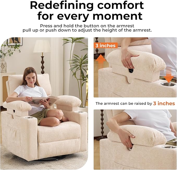 Rocking Chair Nursery with Adjustable Armrests Electric Glider Recliner Nursing Chair for Breastfeeding Power Swivel Recliner Chairs with Massage and Heat Adjustable Headrest  FSC Certified Beige