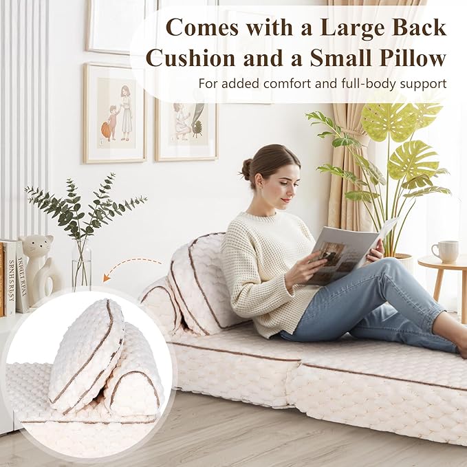 Folding Sofa Bed 3-in-1 Convertible Sleeper Chairs with PillowBack Support Fuzzy Fabric Floor Couch Bed for Adults Boneless Couches Living Room Bedroom ApartmentBeige