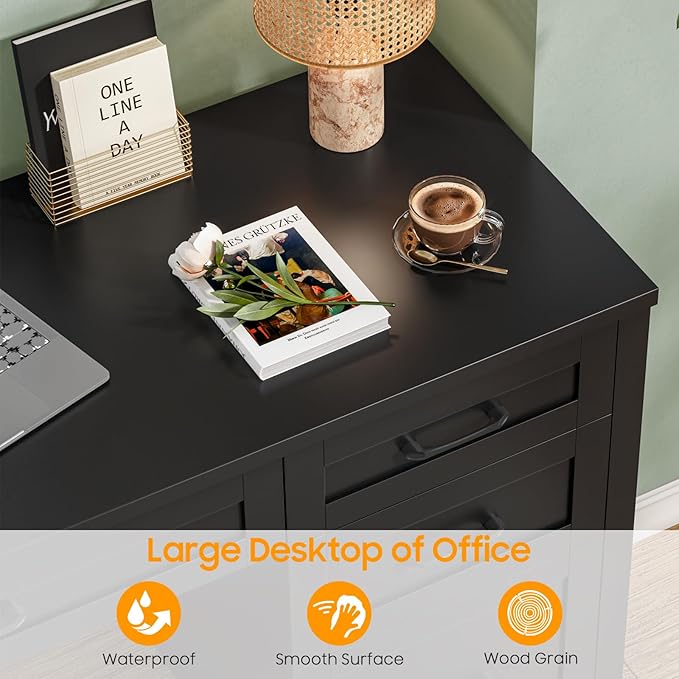 Vabches Farmhouse 47 Executive Desk with 4 Drawers Computer Desk with File Drawer Workstation for Home Office Study.（Pure Black）