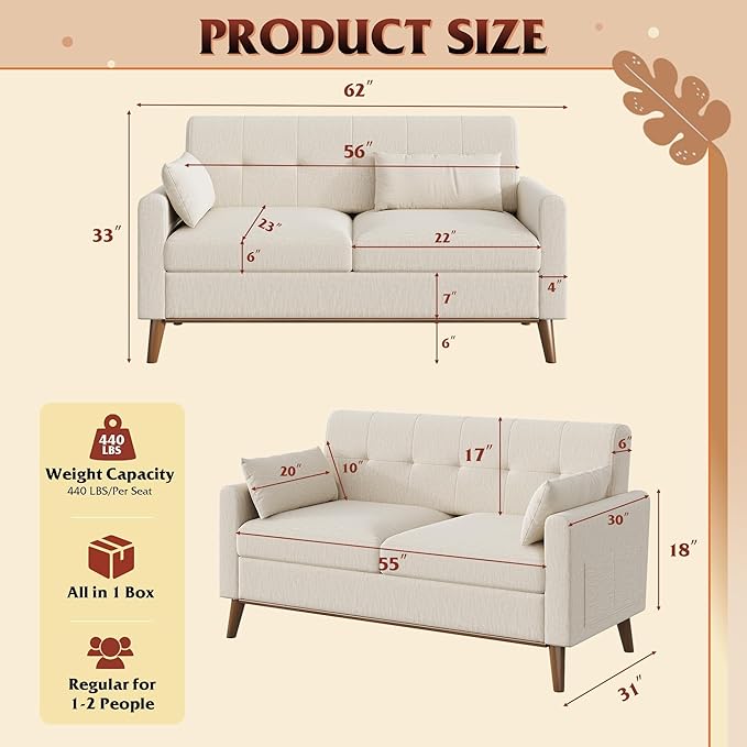 WLIVE 62 Loveseat Sofa Mid Century Modern Small Couches for Living Room Button Tufted Upholstered Couch for Bedroom Solid Wood Frame Easy to Install Furniture Beige