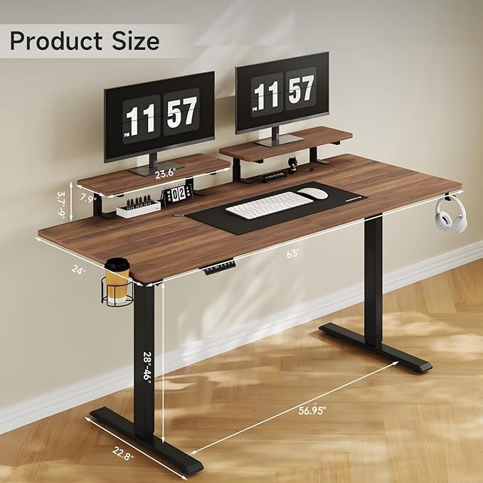 63 x 24 Inches Electric Standing Desk with 2 Monitor Shelves Adjustable Computer Desk from 28-46'' Sit to Stand UpHome Office Desk with Memory Controlller for Workstations Walnut