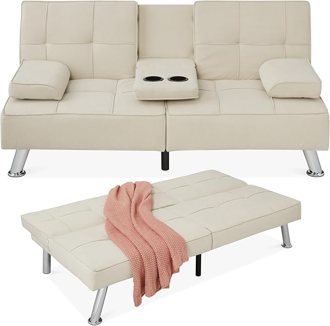 Best Choice Products Linen Modern Folding Futon Reclining Sofa Bed for Apartment Dorm w/Removable Armrests 2 Cupholders - Ivory