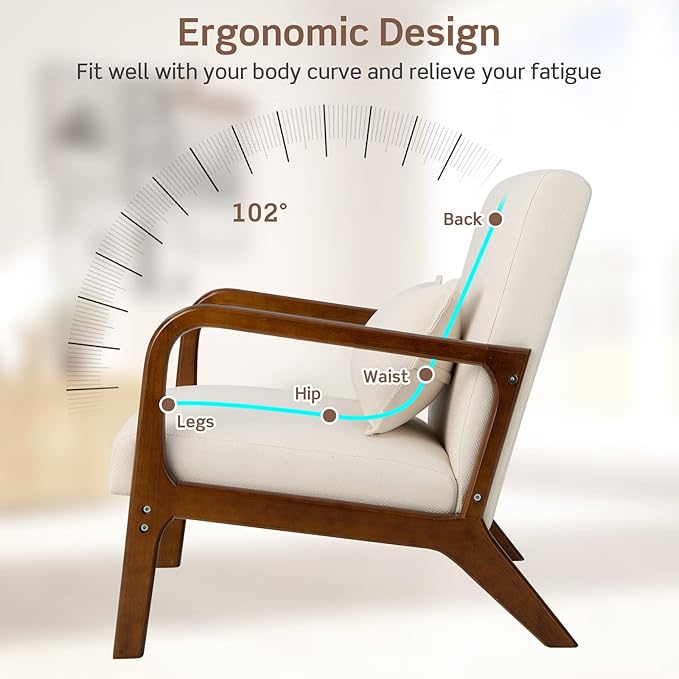 KOTEK Mid Century Modern Accent Chair with Lumbar Pillow Reading Arm Chair with Rubber Wood Frame Upholstered Seat &amp Back Waist Cushion Fabric Lounge Armchair for Living Room Bedroom (2 Beig