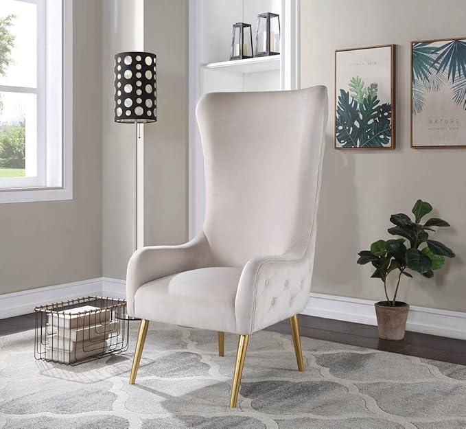 Best Master Furniture Venetian 50 High Back Tufted Velvet Accent Chair Wingback Lounge Armchair with Gold Legs and Upholstered Button Detailing for Living Room Bedroom or Office (Cream)
