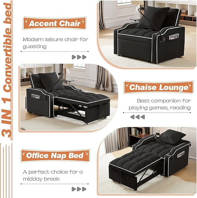 Sleeper Sofa Chair Bed with Charging Ports &amp Phone Holder &amp Cup Holder Modern Velvet 3 in 1 Convertible Pull Out Single Sofa Chair Bed for Small Spaces Apartment Black
