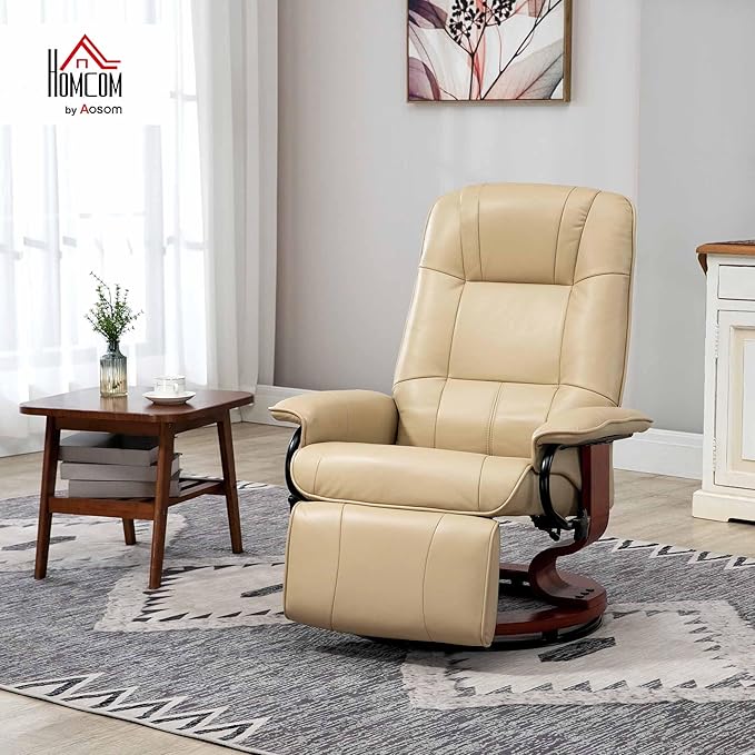 HOMCOM Faux Leather Manual Recliner Adjustable Swivel Lounge Chair with Footrest Armrest and Wrapped Wood Base for Living Room Cream White