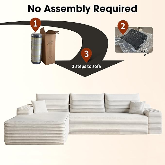 Eafurn Oversized L-Shaped Modular Sectional Sofa with Chaise Fluffy Corduroy Upholstered Boneless Couch with Deep Seat Minimalist Flexible Combination for Living Room | Breathable material Full Foa