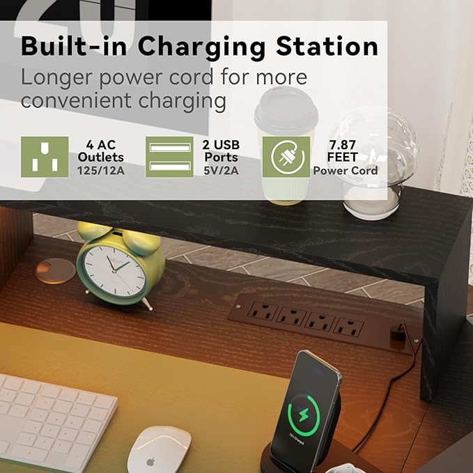 Fluted Desk with Drawers 63 Home Office Executive Desk with Lift Top Filing Cabinet Gaming Desk Charging Station Sensor Lights Computer Table with Monitor Stand White