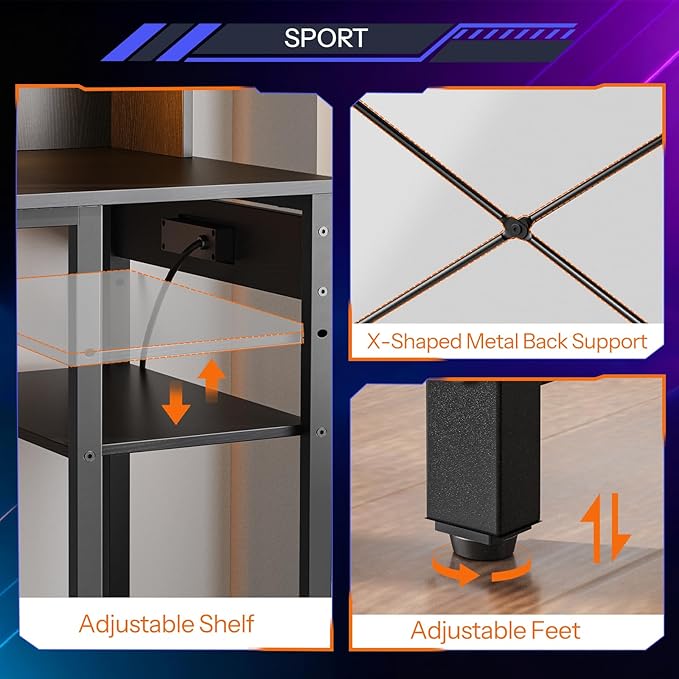 HOOBRO Computer Desk Small Gaming Desk with LED and Outlets Home Office Desk with Monitor Stand and Adjustable Shelf Computer Desk with CPU Stand for Home Office Small Space Black BB100UDDN01