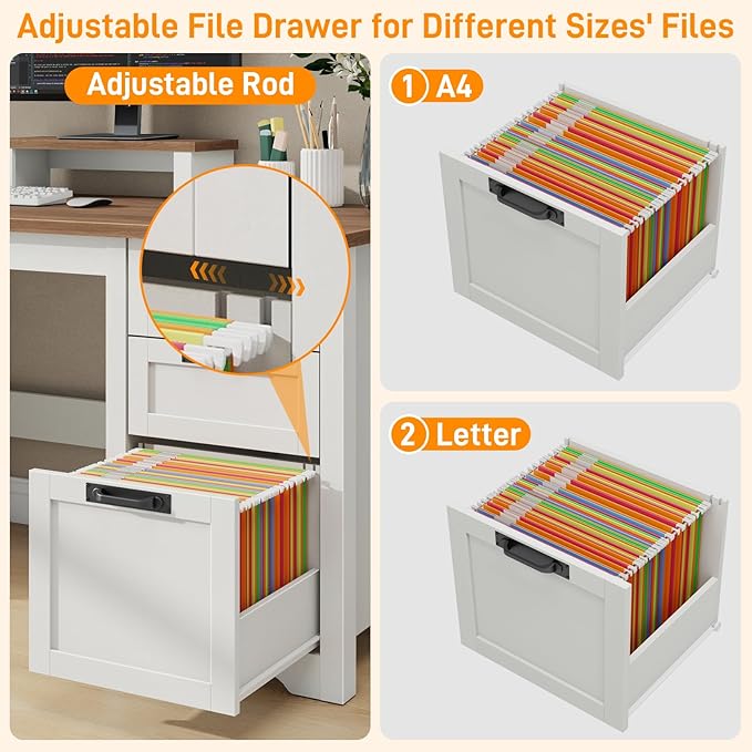 Farmhouse 47.2” Computer Desk with Adjustable File Drawer 3 Drawers Reversible Executive Desk with PC Case Stand &amp Movable Monitor Stand  Workstation for Home Office Writing Study(Unique Whit