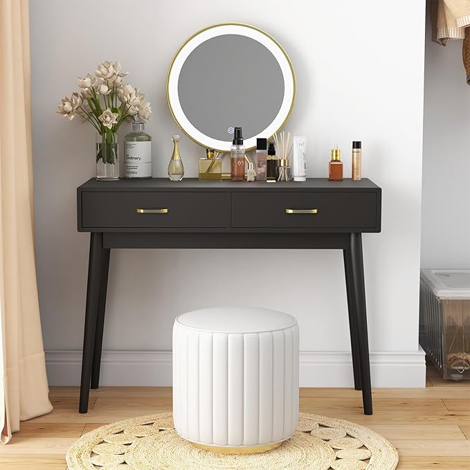 Small Black Desk with Drawers - 40 Inch Home Office Study Writing Desk for Bedroom Vanity Desk with 4 Solid Legs Modern Computer Desk for Small Spaces (Balck)
