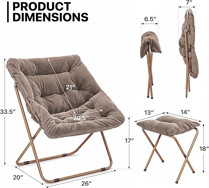 MoNiBloom Square Folding Faux Fur Saucer Chair for Bedroom Living Room Dorm Foldable Metal Frame Oversized Large Comfy Furry Padded Soft Cozy Moon Chair with Footrest Ottoman for Adults (Beige 2 Set)