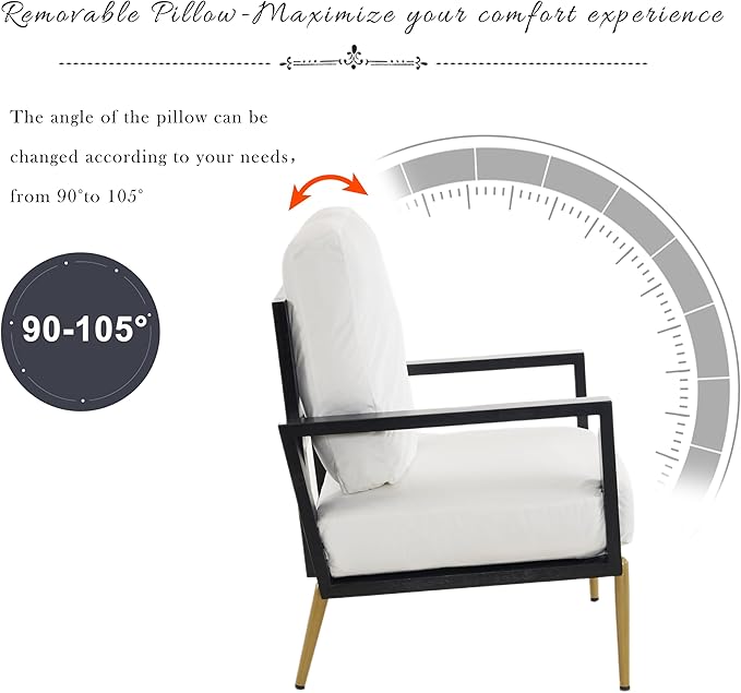 Modern Low Back White Upholstered Accent Armchair with Gold Metal Legs &amp Rubberwood Frame Chic Wide Armrest Minimalist Lounge Chair with Pillow Back Single Sofa Chair for Living Room&ampBalcony