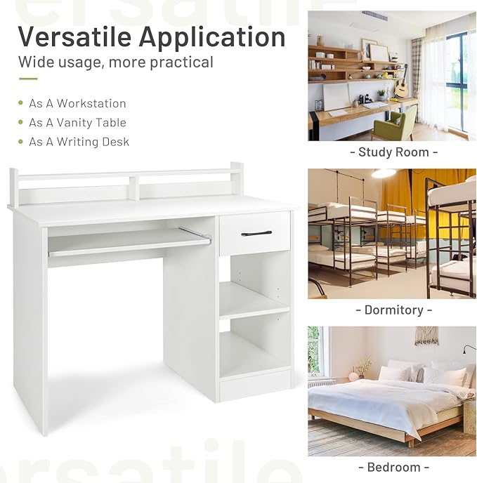 Tangkula White Desk with Drawer &amp Keyboard Tray 22 Inch Wide Modern Study Writing Desk with Desktop Hutch &amp Storage Shelves Home Office Desk for Teens Wood PC Laptop Desk Desk for Bedroom