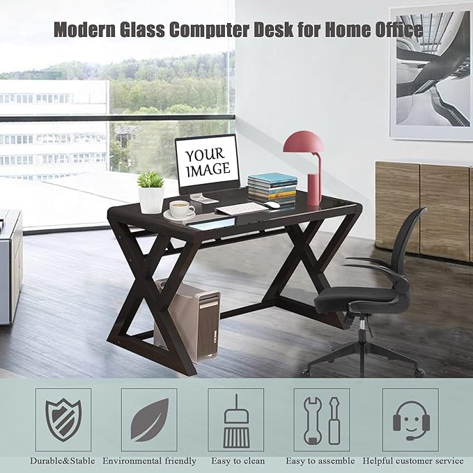 Computer Desk Tempered Glass Desk Home Computer with Metal Frame Desk Table for Home Office Gaming Modern Sturdy Writing Desk for Small Spaces 55.1-black