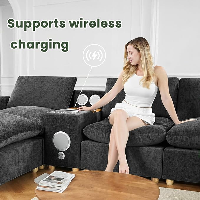 Brelice Modular Sofa Console with Wireless Charging &amp Bluetooth Speaker - All-in-One Armrest Organizer with Wired Charging Storage Tray Volume Control for Sectional Couch Living Room