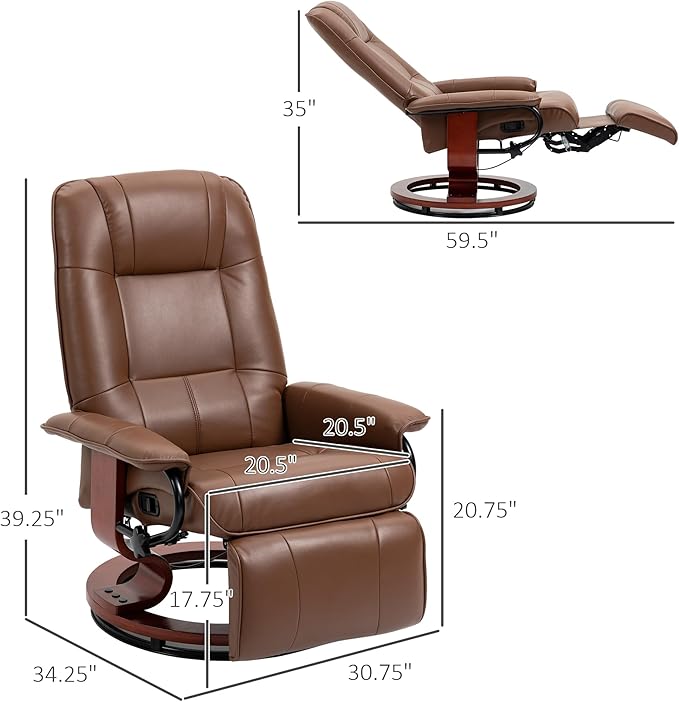 HOMCOM Faux Leather Manual Recliner Adjustable Swivel Lounge Chair with Footrest Armrest and Wrapped Wood Base for Living Room Brown