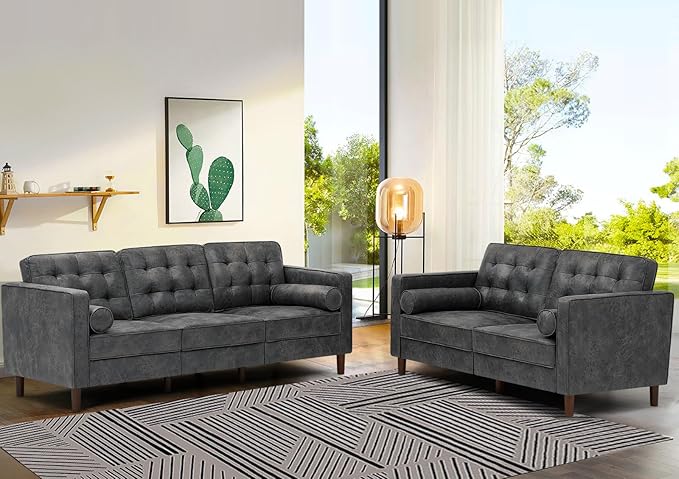 67 Suede Leather 2 Seater Sofa with Two Bolster Pillows Tufted Sofa with Wooden Legs Mordern Couch for Living Room Office Apartment Grey