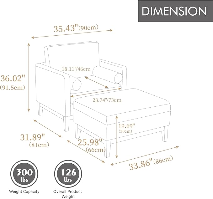 Wood Base Accent Arm Chair with Ottoman and Bolster PillowsStorage Footstool with Reversible Lid Coffee Table for Living Room Office (35.4 W Ivory Boucle Chair Set +Natural Base)