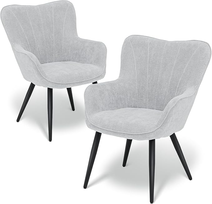 Athena Collection Accent Chair Set of 2 Modern Comfy Armchair Upholstered Vanity Chair with High Curved Back and Metal Leg Shell Shaped Single Sofa Reading Chair for Bedroom Living Room Lava Gray