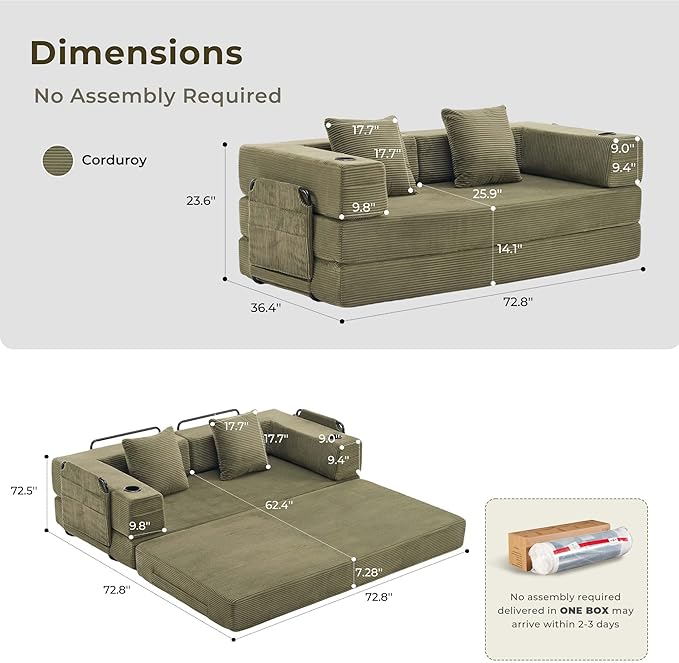 WELAX 72.8 Convertible Sleeper Sofa Bed Boneless Cloud Queen Futon Couches with Cupholders &amp Storage Pockets Corduroy Folding Floor Couch for Bedroom Apartment No Assembly Forest Green