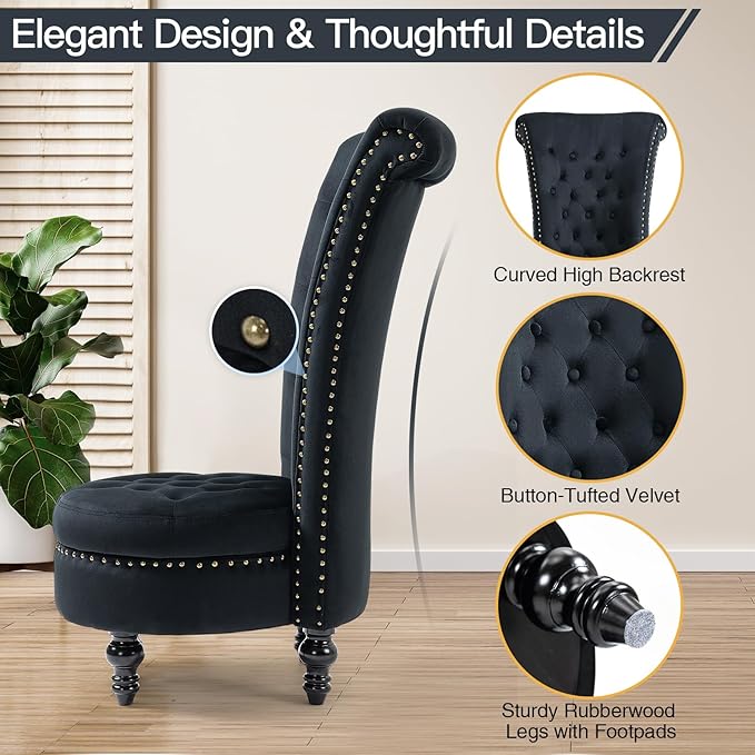 AVAWING High Back Throne Chair Velvet Armless Royal Accent Chair w/Storage Nailhead Trim &amp Rubberwood Legs for Living Room &amp Bedroom Black
