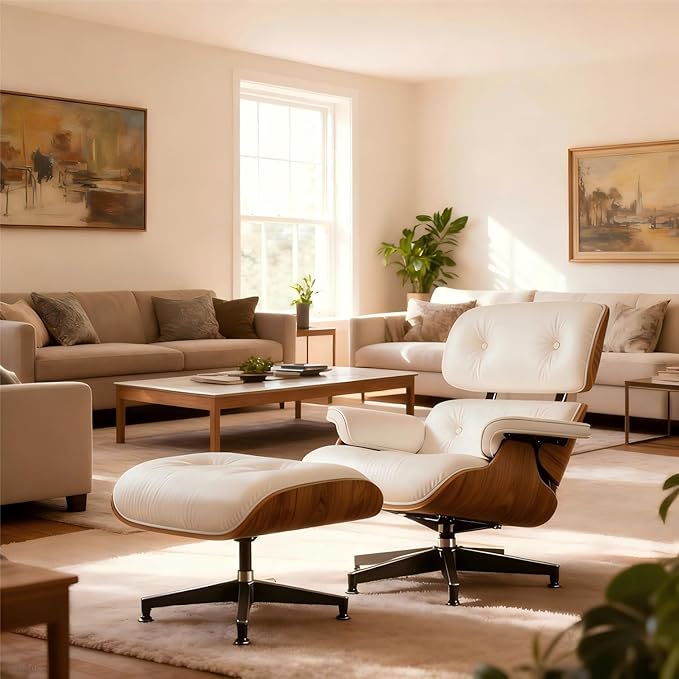 Mid Century Chaise Lounge Chair and Ottoman Reading Chair Leather Accent Chair Modern Chair Classic Design Heavy Duty Base Support for Living Room (Walnut-White Upgraded)