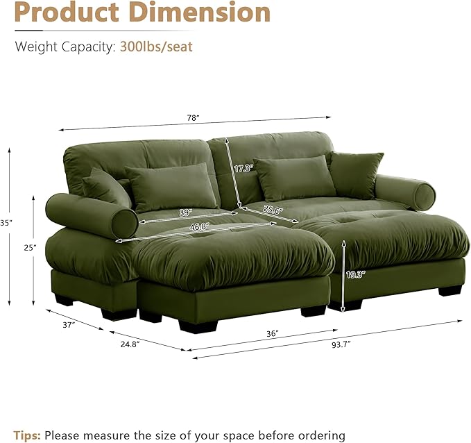 Setawix Modern U-Shaped 2 Seater Cloud Sofas Couches with Deep Seat for Living RoomComfy Velvet Modular Sectional Sofa with Movable OttomansDIY Combination CouchTufted(Olive)