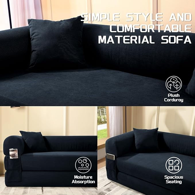 4-in-1 Folding Convertible Sofa Bed 80 Inch Oversized Corduroy Boneless Couch Loveseat Sleeper with Pull Out Bed Floor Sofa Modular Futon Teddy Sofa for Living Room Bedroom Lounge Deep Blue