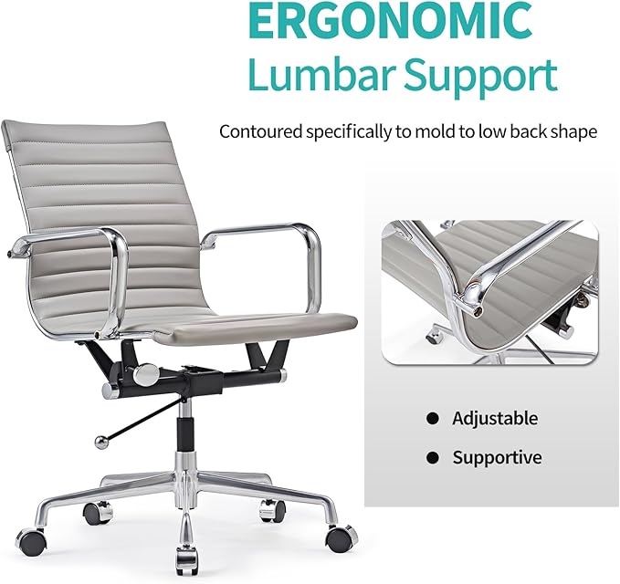 Mid Back Support with Arm Rest Office Ergonomic Adjustable Swivel Vegan Leather Desk Receptionist Chairs -Grey