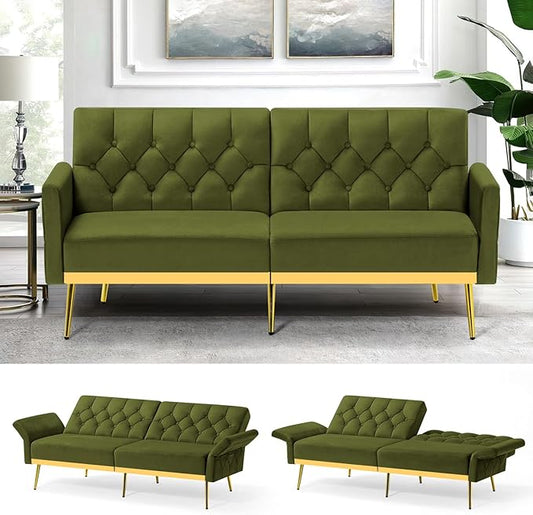 Velvet Sofa Bed w/Adjustable Armrests and Backrests Modern Convertible Sleeper Sofa Tufted Futon Sofa for Bedroom Living Room Apartment Olive Green