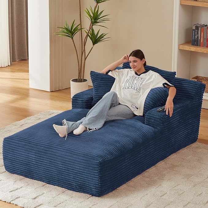 Avenix 79” Oversized Chaise Lounge Chairs Indoor Corduroy Boneless Chaise Lounges Chairs Indoor Deep Seat Big Comfy Reading Chair Cloud Sleeper Chair Sofa Couch Bed for Living Room Blue