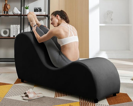 BALUS 60W S-Shape Yoga Sofa Chaise Lounge Chair for Adults Stretching Wooden Ergonomic Curved Lounges Chairs Indoor with Velvet Cover for Living Room Apartment Home Office Exercising Relaxing Black