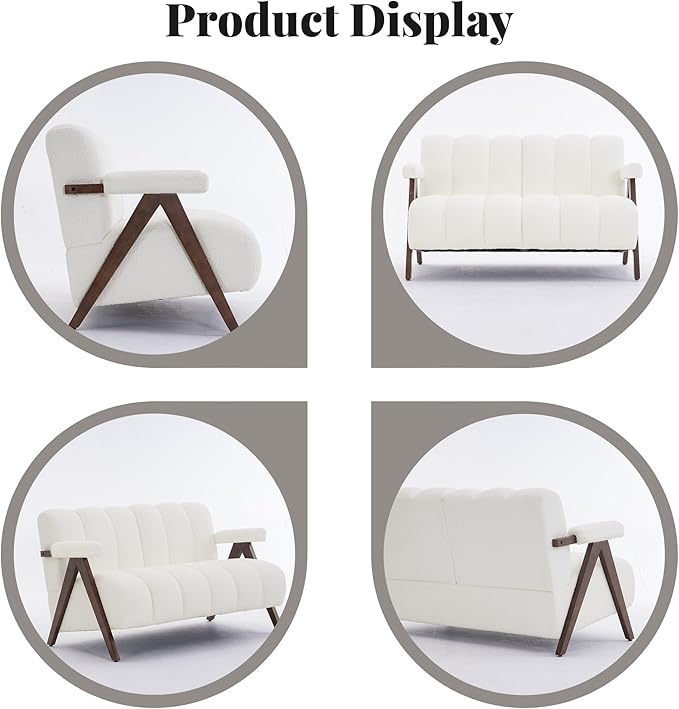 Mid Century Modern Accent Chair Loveseat Sofa with Solid Wood Frame Boucle Upholstered Living Room Chairs with Thick Cushion Comfy Tufted Arm Chair for Bedroom Ivory