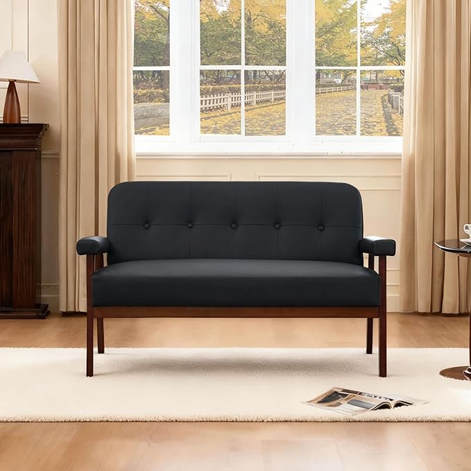 JIASTING 50” Black Leather Loveseat Sofa Mid Century Modern Small Office Love Seat Couch with Wood Arms Two Seater Couches for Small Spaces Living Room Waiting Room Bedroom Black
