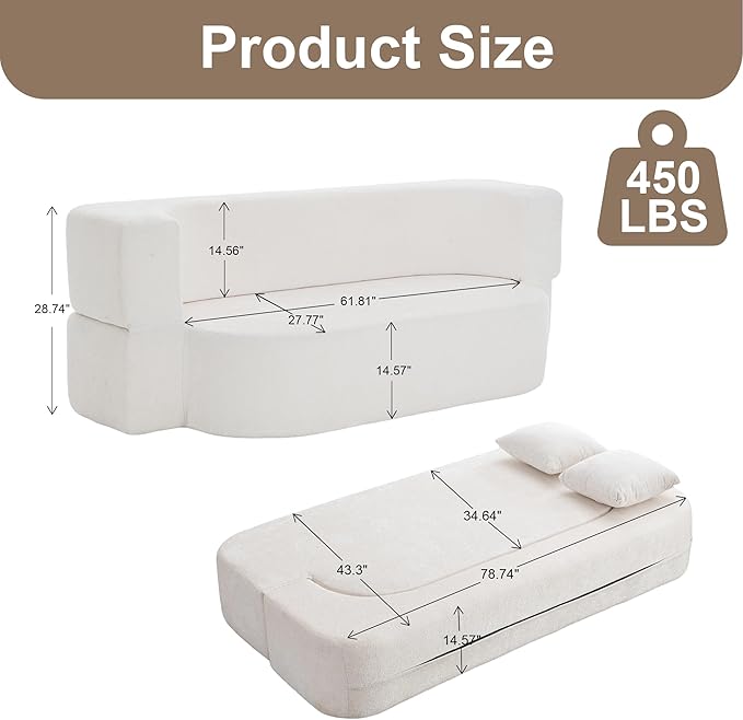 2 in 1 Convertible Sofa Bed 78.8 Modern Loveseat Sofa Couch Curved Folding Sleeper for Living Room Apartment Small Space No Assembly Required Ivory