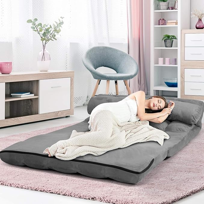 S AFSTAR Floor Folding Couch and Futon Sofa 6-Position Fabric Sleeper Bed with 2 Pillows and Sponge Filling Adjustable Lazy Sofa for Living Room and Bedroom(Gray)