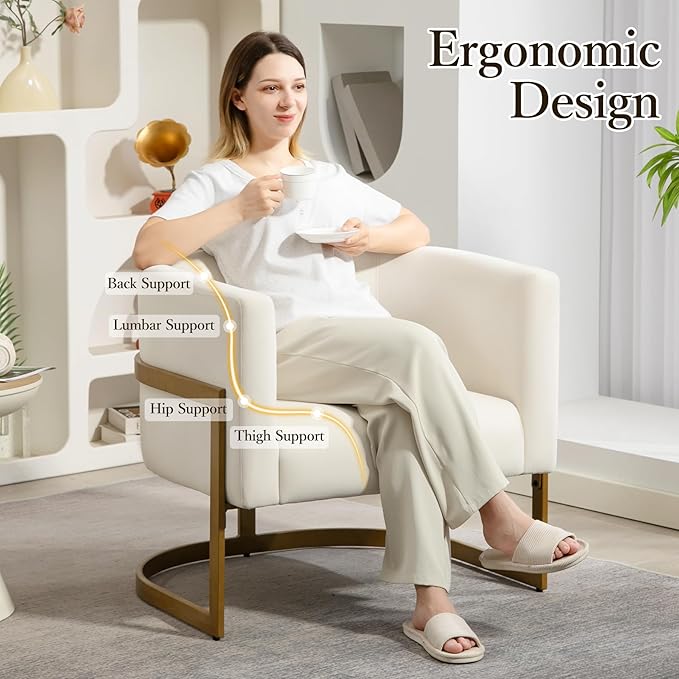 Modern Off-White Accent Chair Velvet Barrel Chair Padded Seat Upholstered Comfy Armchair for Reading/Living Room/Bedroom/Club Side Chairs with Luxury Gold Frame