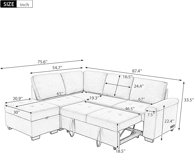 87.4 Sleeper Sectional Ottoman and Hidden Arm StoragePull-Out L-Shape Corner Couch Sofa-Bedw/USB ChargeErgonomic Designfor DormApartmentStudioOfficeBlack