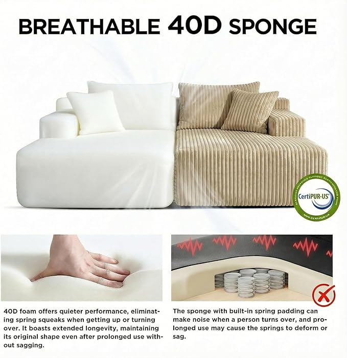 Sytopia Loveseat Chaise Lounge with Armrests Oversized Sofa Bed with 4 Pillows Cozy Boneless Sleeper Modular Sectional Couch for Living Room Bedroom Floor Chair Furniture sala Corduroy