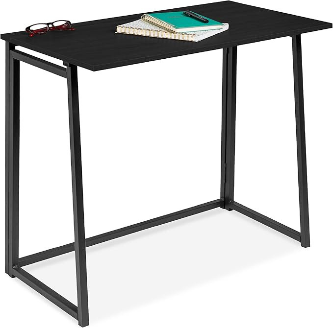 Best Choice Products 31.5in Folding Drop Leaf Desk Table Computer Workstation for Home Office w/Wood Table Top Back Shelf Portable Space Saving - Black/Black