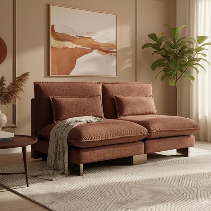 Small Modular Sofa Armless Loveseat Modern 2-Seats Mini Sofa Couch with Pillows Convertible Love Seat with Gold Legs for Small Spaces Living Room Brown Chenille