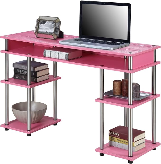 Timeless Trends No Tools Desk Home Office Desk with Shelves Corner Shelf Vanity Desk Computer Desk Nail Table for Nail Tech - 47.25 L x 15.75 W x 30 H Light Oak